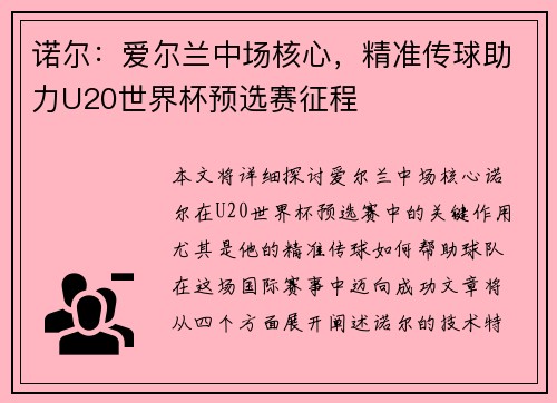 诺尔：爱尔兰中场核心，精准传球助力U20世界杯预选赛征程